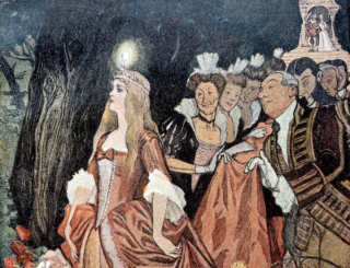 Sadun kuvitusta, jossa prinsessalla on helmi otsalla ja häntä seuraa paljon väkeä.