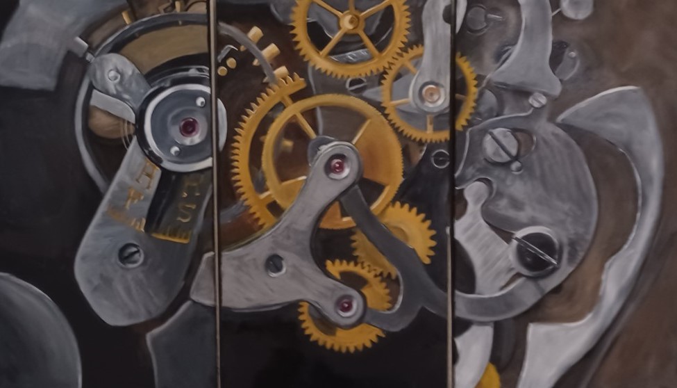 Maalaus jossa rattaita.