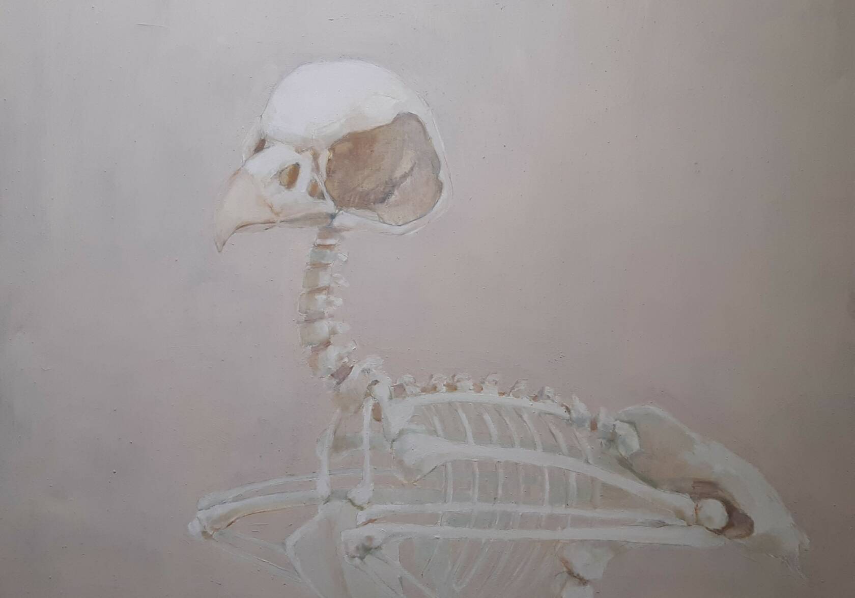 Maalauksessa pöllön luuranko.